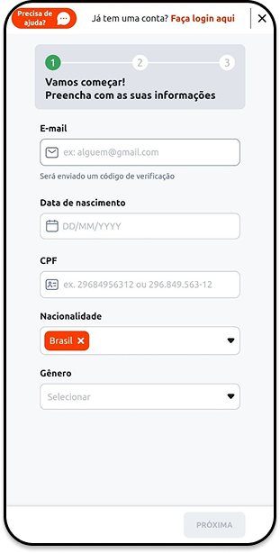 Cadastro via aplicativo da Betano para Android