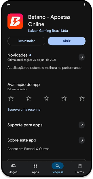 Página da Google Play mostrando o aplicativo de apostas online da Betano instalado no Android