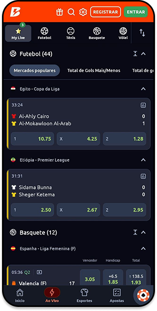 Página "My Live" personalizada com partidas ao vivo selecionados pelo apostador na Betano