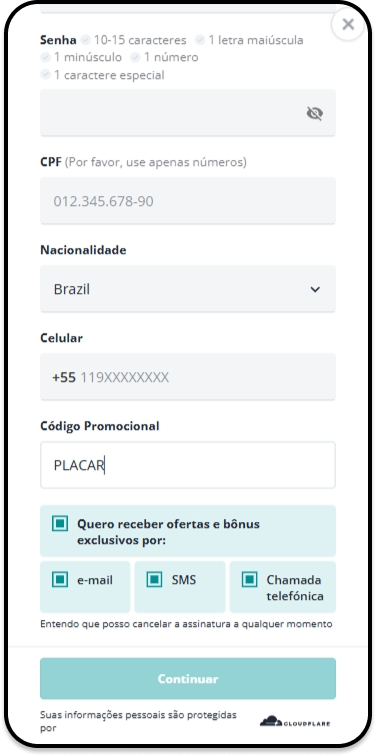 Página de cadastro com código promocional Novibet PLACAR