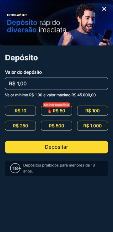 Depósito a partir de R$1 por Pix na Estrela Bet