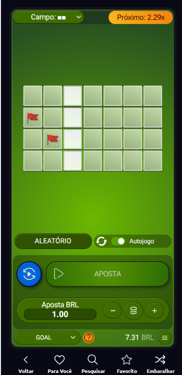 crash game Goal na Betano com dois quadrados escolhidos aleatoriamente e aposta de 1 real