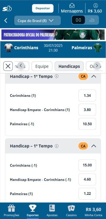 Odds do mercado handicap europeu 1º tempo na Sportingbet para a partida Corinthians vs Palmeiras