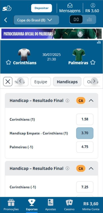 Mercado de apostas na Sportingbet com handicap de +1 no Corinthians para a partida Corinthians vs Palmeiras na Copa do Brasil