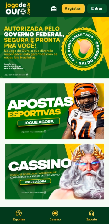 Página principal do site responsivo Jogo de Ouro com destaque para as áreas de cassino e esportes
