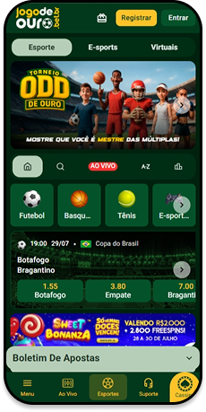 Seção de esportes na plataforma de depósito de 1 Jogo de Ouro com destaque para Botafogo x Bragantino