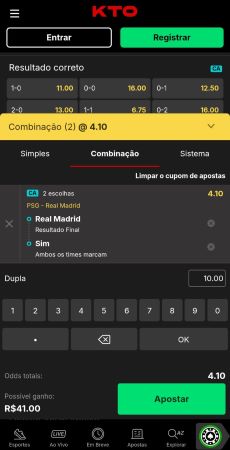 Cupom de apostas da KTO com duas seleções: vitória do Real Madrid contra o PSG e ambos os times marcam.