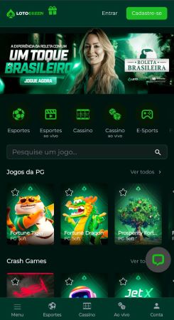 Página inicial da casa de apostas Lotogreen com destaque para apostas esportivas e jogos de cassino