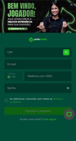 Tela de cadastro da Lotogreen com campos para CPF, e-mail, celular e senha