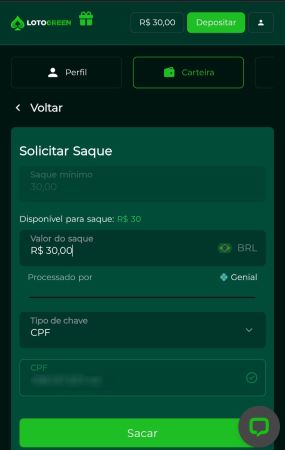 Solicitação de saque via Pix de R$30 na casa de apostas da Lotogreen