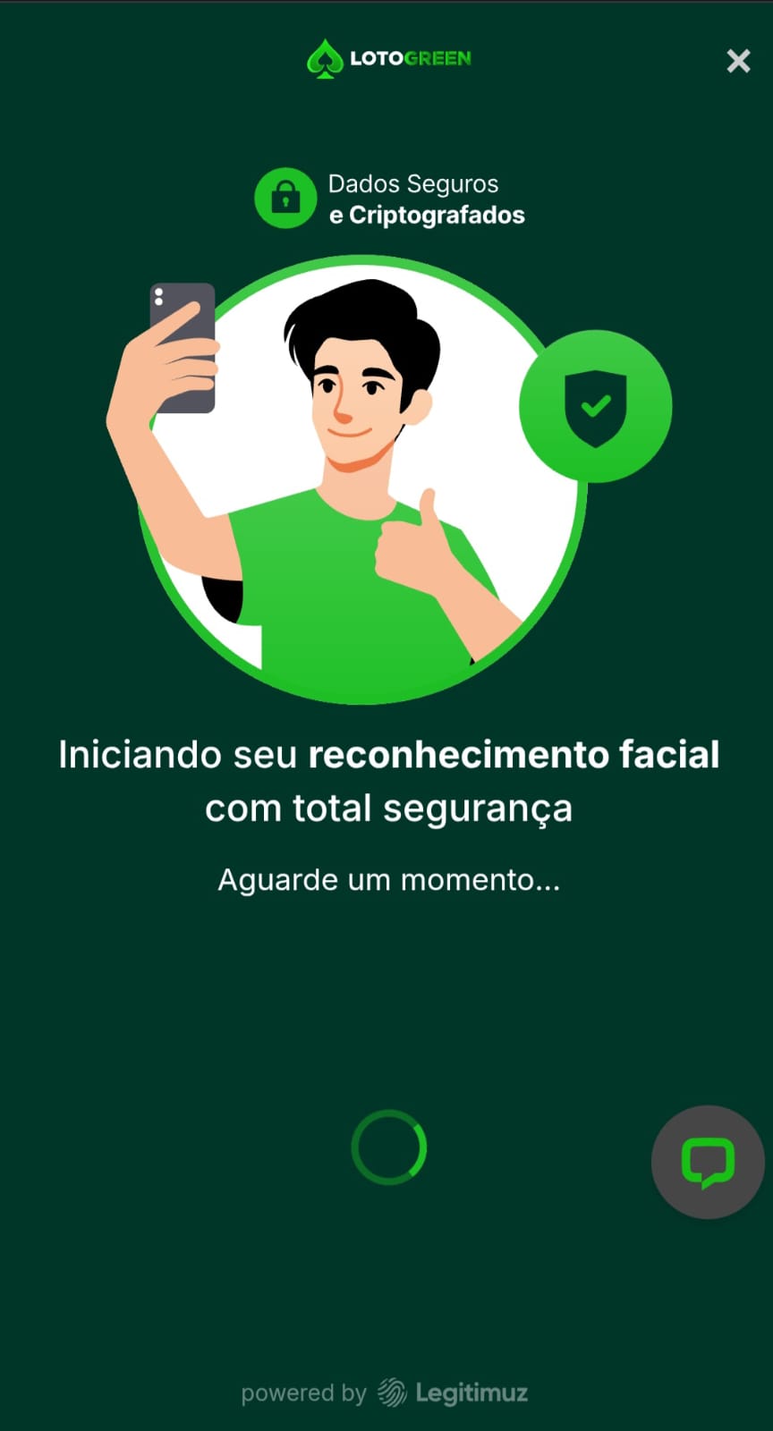 Etapa de verificação de conta na casa de apostas da Lotogreen por meio de reconhecimento facial