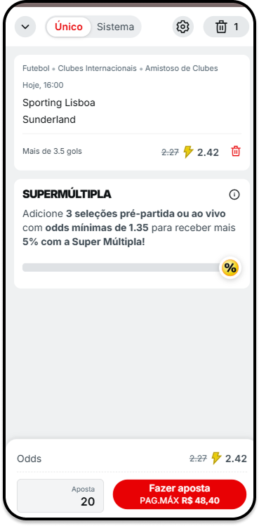 Bilhete de apostas na Superbet com Super Odds na partida Mais de 3.5 gols na partida Sporting Lisboa x Sunderland