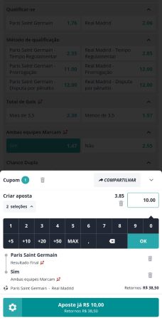 Cupom de aposta da Novibet com duas seleções: vitória do PSG e ambos os times marcam. A odd total é de 3.85 com aposta de R$10. O retorno potencial é de R$38,50