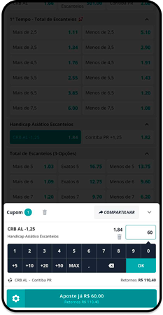 Cupom de aposta da Novibet com seleção no mercado de handicap asiático de escanteios.