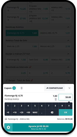 Handicap asiático -0,75 para Flamengo na Novibet em aposta contra o Atlético MG. Odd de 1.83 com valor de R$ 50,00