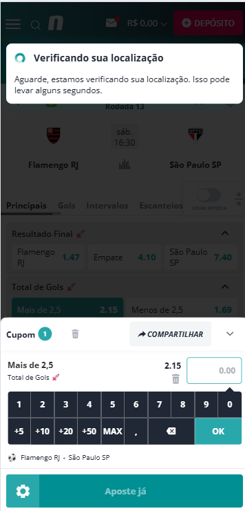 Cupom de aposta com odd X no mercado Menos de 2.5 gols na partida Flamengo vs São Paulo na Novibet