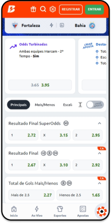 Odds aumentadas para o Resultado Final do jogo Fortaleza x Bahia no Brasileirão e odds normais para o mercado na Betano