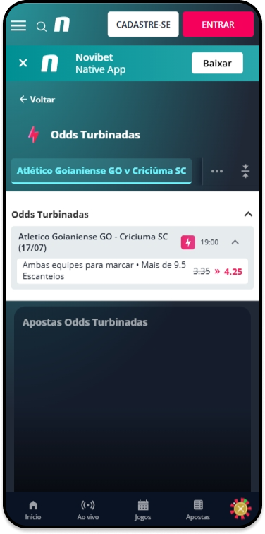 Odds melhoradas na Novibet na aposta simples com Ambos Marcam e Mais de 2.5 Gols em Atlético Goianiense x Ferroviária