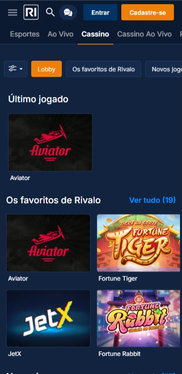 Rivalo cassino com destaque para Aviator, Fortune Tiger, JetX e Fortune Rabbit