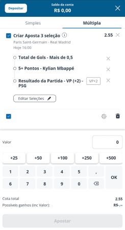 Cupom de aposta na Sportingbet com três seleções: mais de 0.5 gol, 5+ pontos de Mbappé e vitória do PSG com handicap asiático +2. A odd total é 2.55