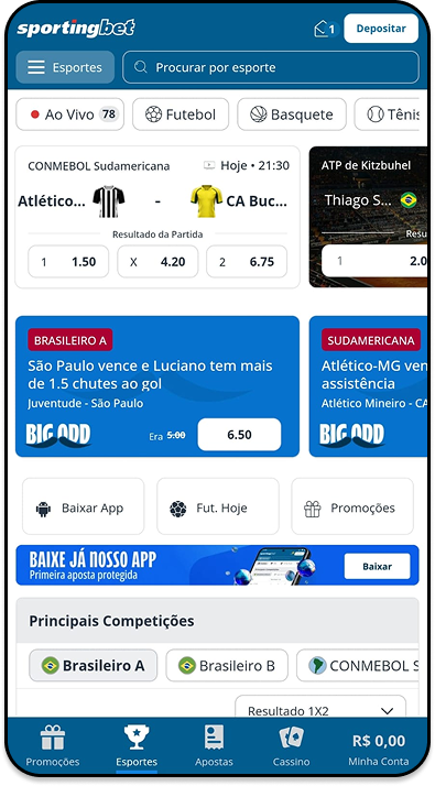 Tela do site Sportingbet com apostas esportivas, odds de jogos como Corinthians x Bahia e seções de promoções e competições