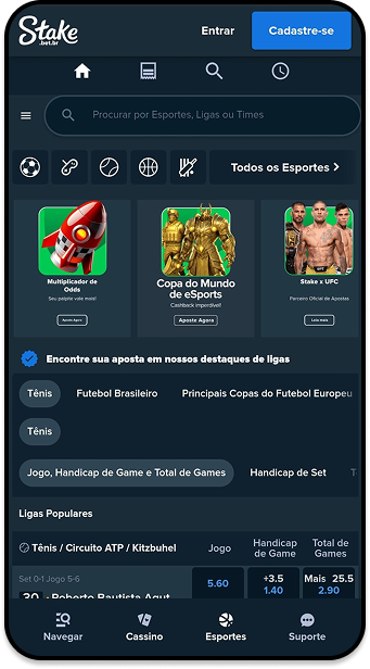 Aplicativo Stake com destaques de apostas em eSports, tênis e futebol brasileiro.