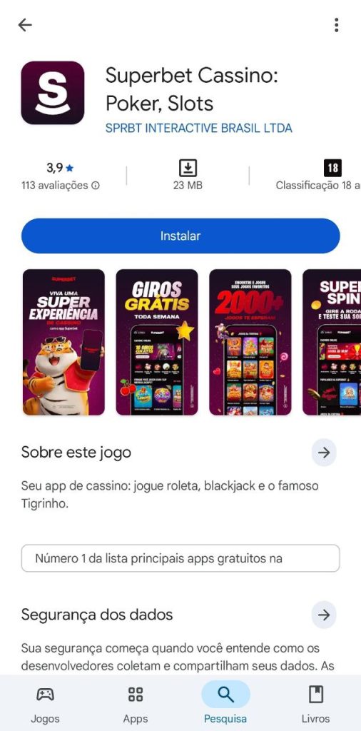 Aplicativo Superbet para cassino disponível na Play Store