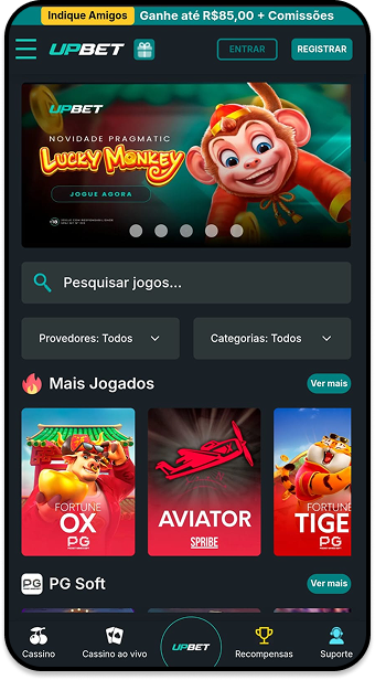 Aplicativo da Upbet com opções de jogos como Fortune Ox, Aviator e Fortune Tiger