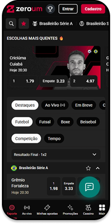 Área de esportes na Zero Um com banner de destaque para Criciuma vs Cuiabá pelo Brasileirão