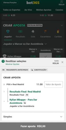 Tela da função Criar Aposta na bet365 com duas seleções: vitória do Real Madrid contra o PSG e assistência de Mbappé.