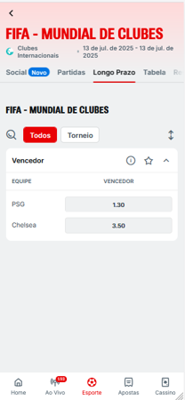 Mercado de apostas de longo prazo na Superbet para a final do mundial de clubes entre Chelsea x PSG