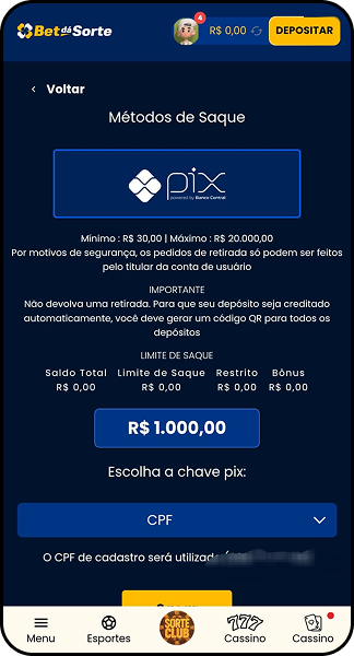 Área de saque da plataforma com bônus Bet dá Sorte com retiradas rápidas via Pix.