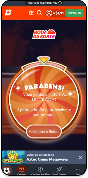 Roda da Sorte na Betano com prêmio  sorteado de 1 ficha dourada para usar no Crazy in Wonderland