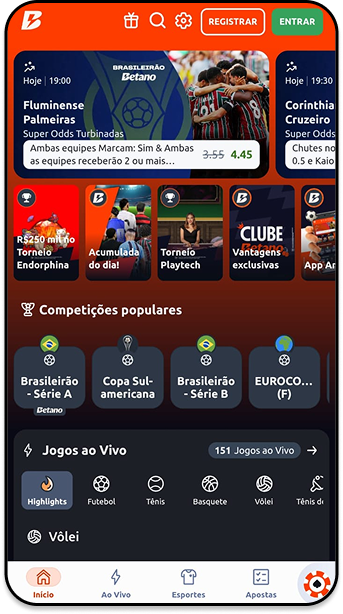 Tela inicial da Betano com jogos ao vivo em destaque e partidas do futebol brasileiro e internacional.