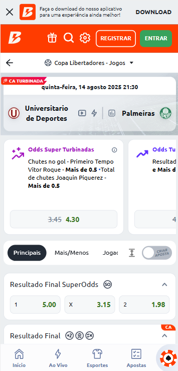 Betano Super Odds na partida Universitario de Deportes e Palmeiras