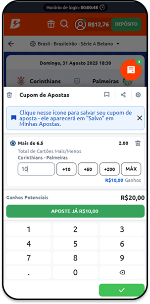 Bilhete de apostas com palpite de R$10 no mercado Total de Cartões Mais de 6.5 entre Corinthians x Palmeiras
