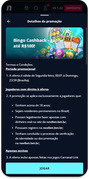 Promoção de cashback no bingo até R$100 nos jogos da Neko Games na Novibet.