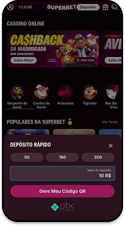 Tela do cassino Superbet mostrando o menu para depositar e sacar, além de seções com detalhes da conta e jogo responsável.