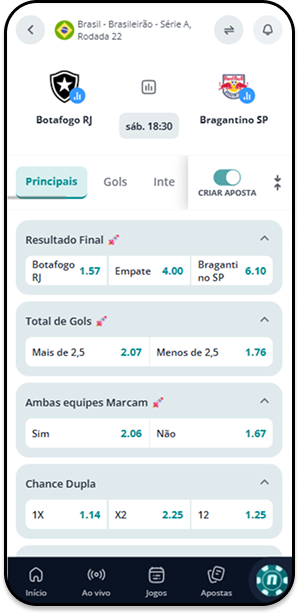 Mercados do Bet Builder Novibet na partida de volta entre Botafogo e Bragantino na Série A do Brasileirão
