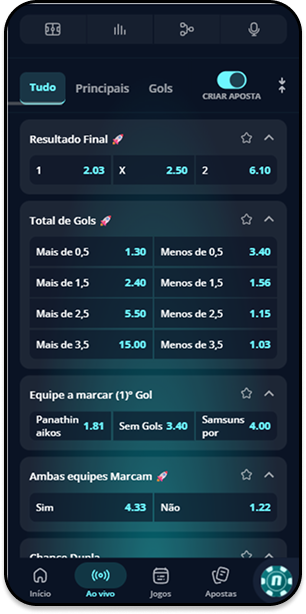 Página de partida na Novibet com o botão de Criar Aposta ativado
