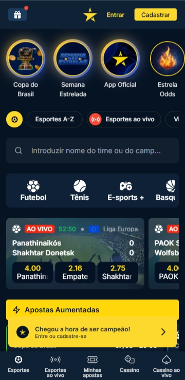 Estrela.bet com destaque para os jogos da liga grega ao vivo e com banners da Copa do Brasil e app oficial