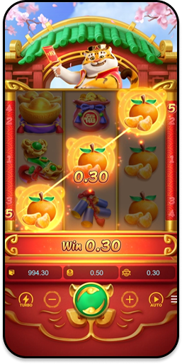 Tela do jogo Fortune Tiger mostrando as linhas de pagamento destacadas com símbolos de fogos de artifício