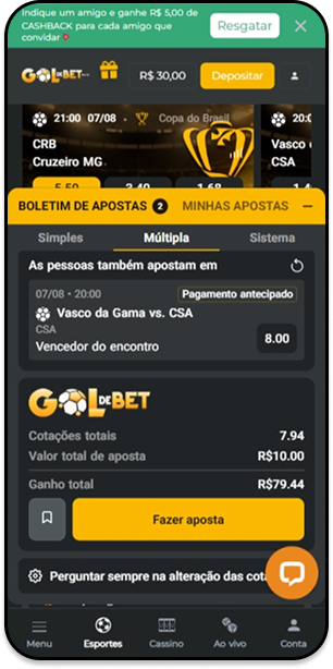 Página principal de apostas ao vivo na Gol de Bet