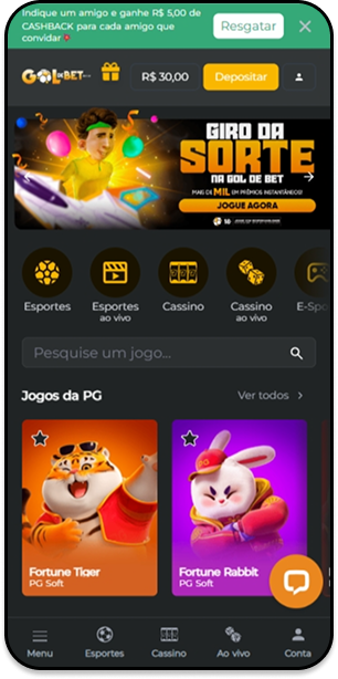 Página principal da Gol de Bet com destaque para jogos de cassino