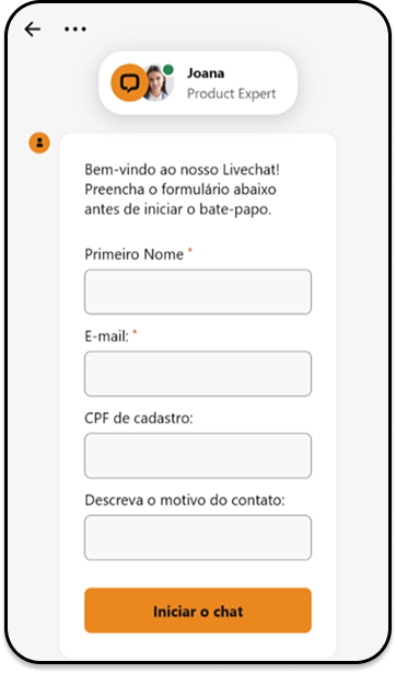 Página de chat ao vivo da Gol de Bet com formulário para contato incluindo nome, e-mail, cpf e descrição do problema