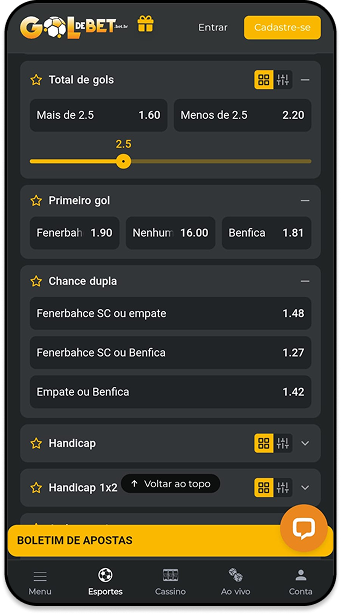 Odds na Gol de Bet para o jogo Fenerbahce SC x Benfica, incluindo mercados de total de gols