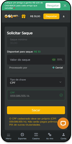 Página de saque com pedido de retirada de R$30 via chave Pix de CPF
