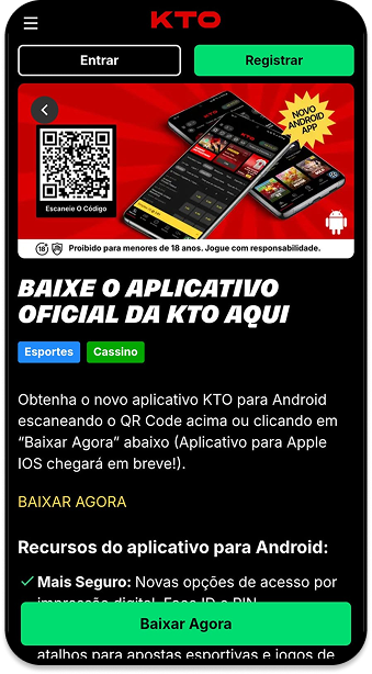 Página do aplicativo KTO com botão de download e recursos de segurança destacados para novos usuários.