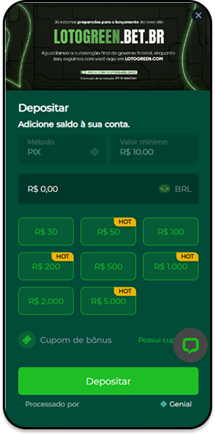 Página de de depósito de 10 reais na Lotogreen através do Pix
