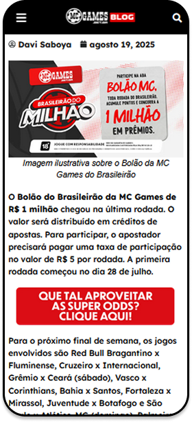 Plataforma com bônus MC Games com prêmios de até 1 milhão no bolão.